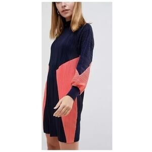 ASOS Design Block Color Long Sleeve Pleated Mini Shift Dress 4 Navy Blue Pink